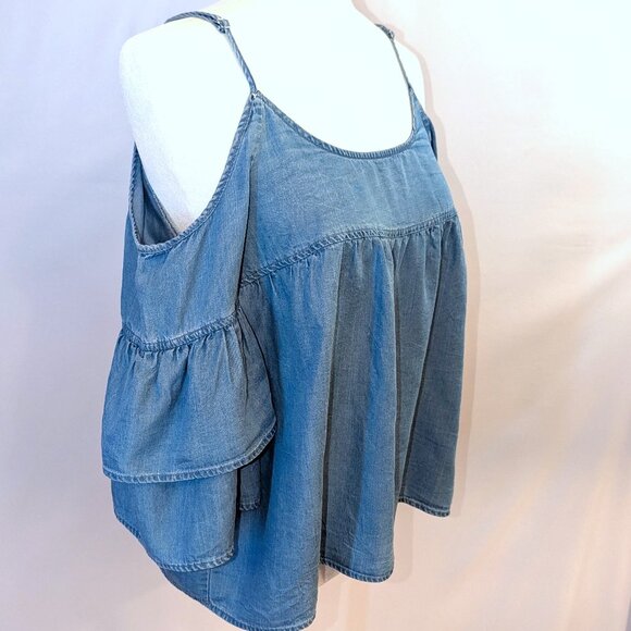 Walter Baker | Lyocell Cold Shoulder Blue Ruffle Sleeve "Tara" Top | Medium - Picture 4 of 14